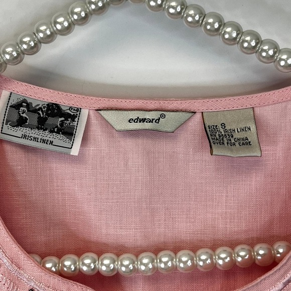 Edward 100% Irish Linen Pink Sleeveless Vneck Top with Beaded Design SZ S - Picture 4 of 6